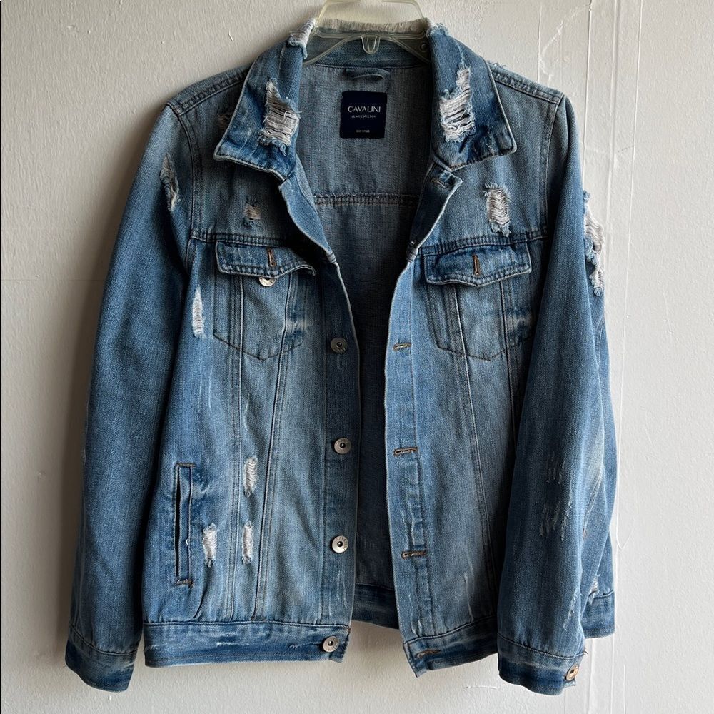 Cavalini Women's Blue Denim Jean Jacket Distressed Ripped Trucker Size S